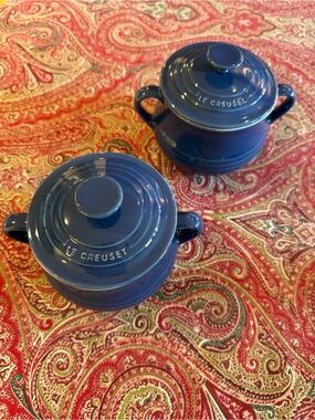 Le Creuset Mini Cocotte Set of 2 Blue Stoneware Lidded Bowls Ramekins